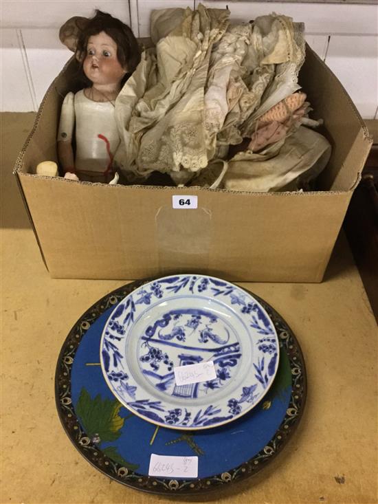 Collection of dolls, including a Japanese Cloisonne dish, Chinese blue and white plate etc